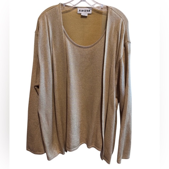 Joan Leslie Metallic Gold Sparkle Cardigan Built In Tank Under Long Sleeve Sz 2X - Picture 1 of 7